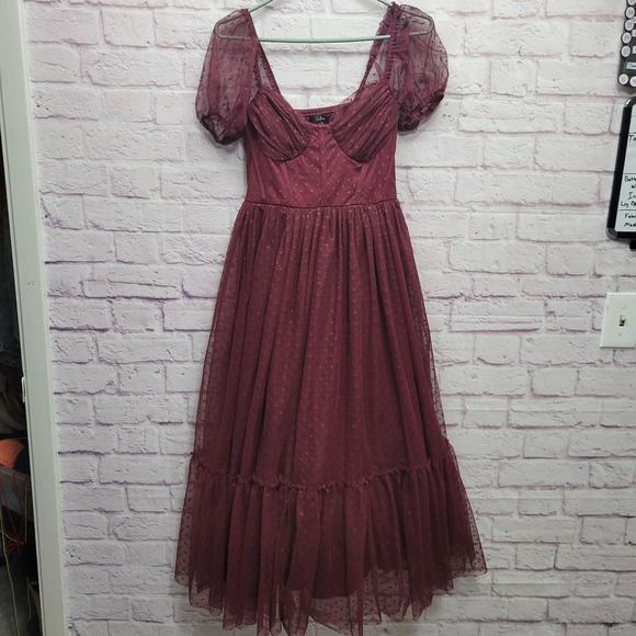 NEW Lulus Sweet Amor Tulle Swiss Dot Tiered Bustier Midi Dress Size S Burgundy - Picture 1 of 8